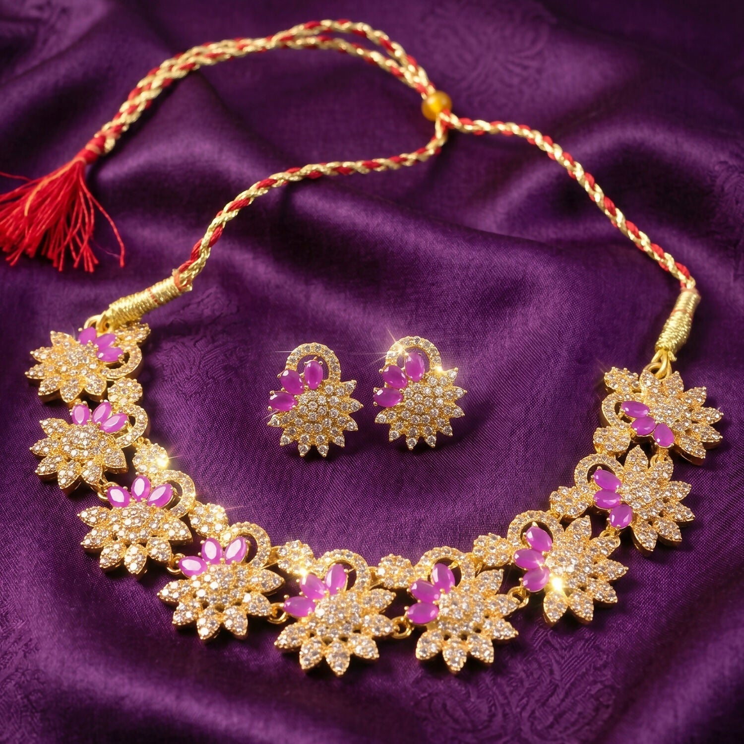 Elegant Pink Floral Necklace Set with Matching Earrings for Festive Occasions