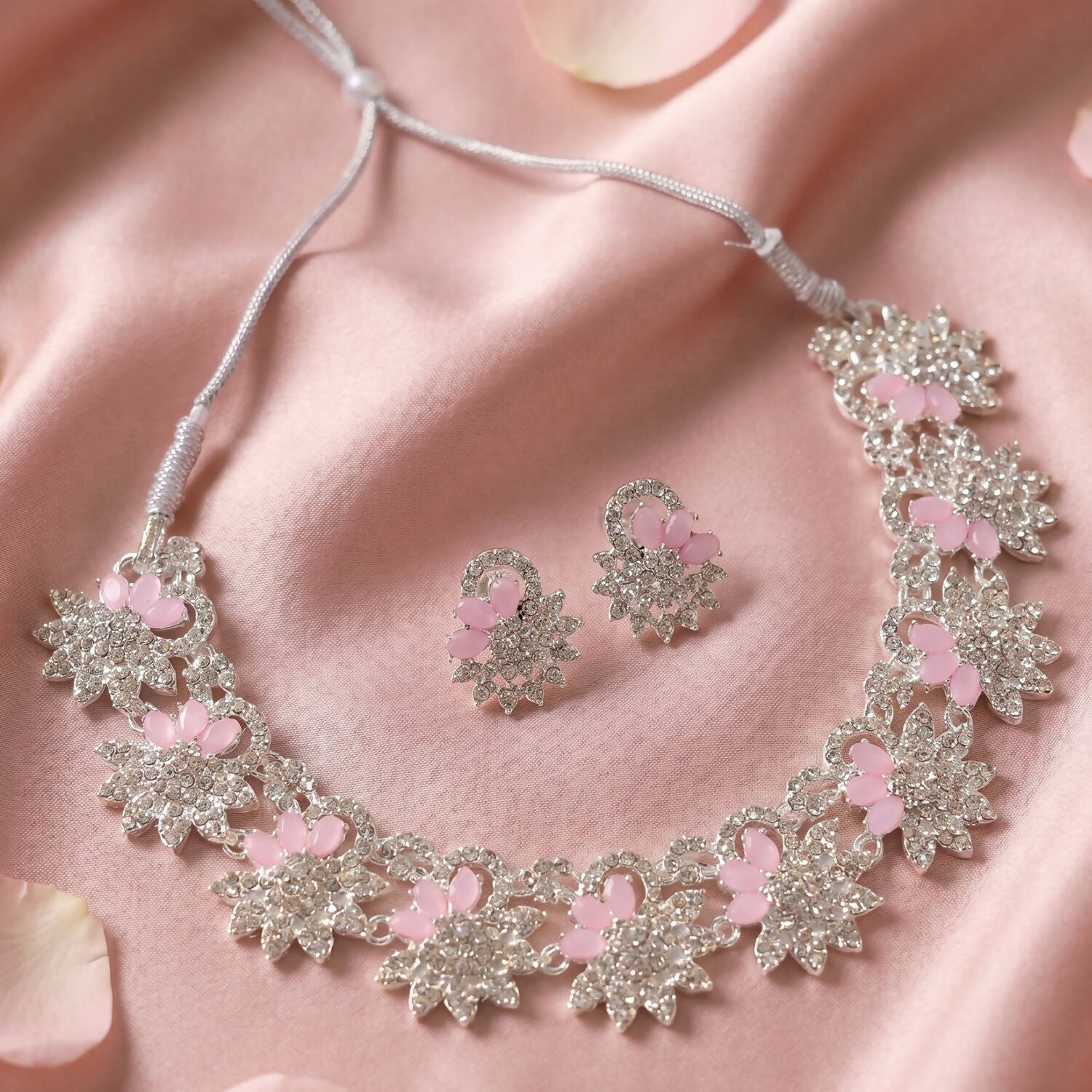 Elegant Pink Floral Necklace Set with Matching Earrings for Special Occasions