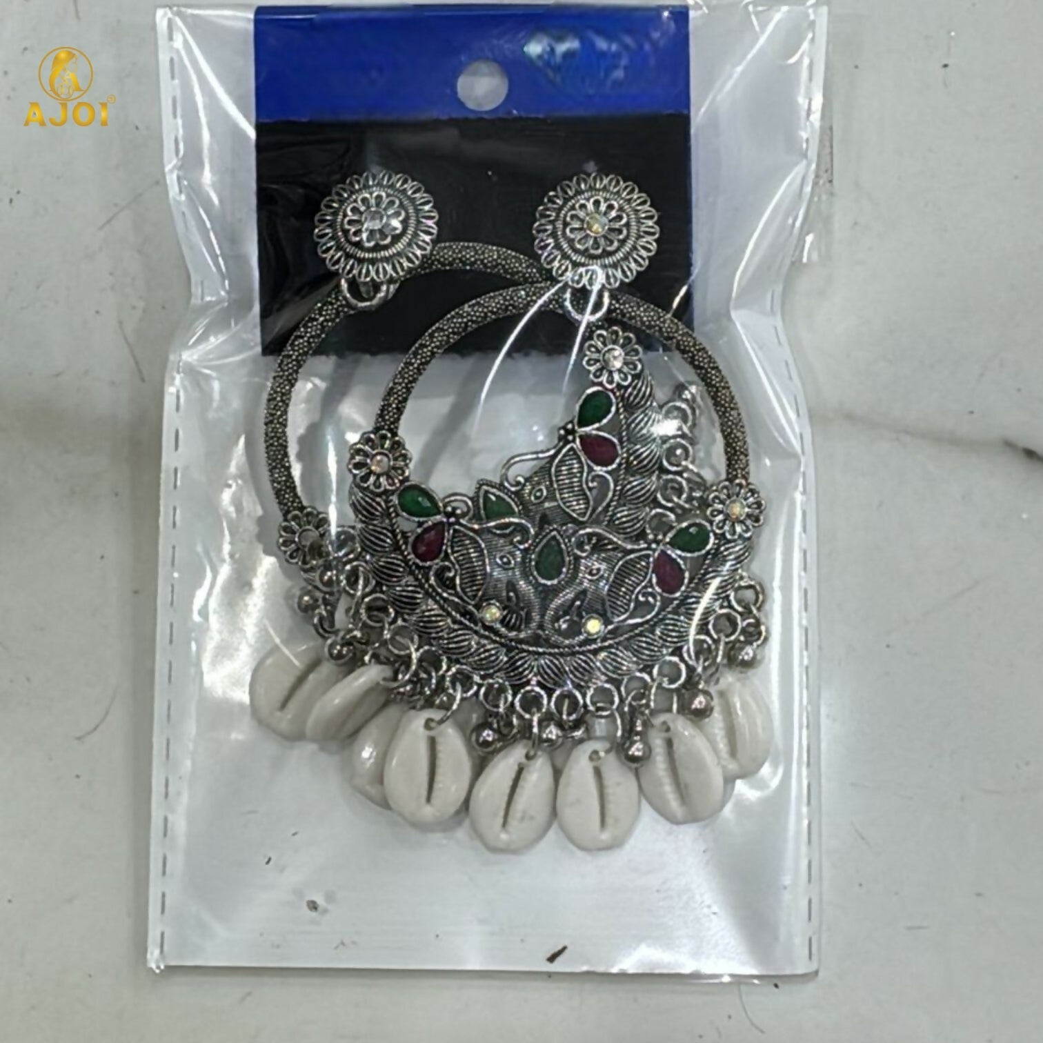 Royal Elephant Oxidized Silver Shell Chandbali Earrings with Handcrafted Motifs