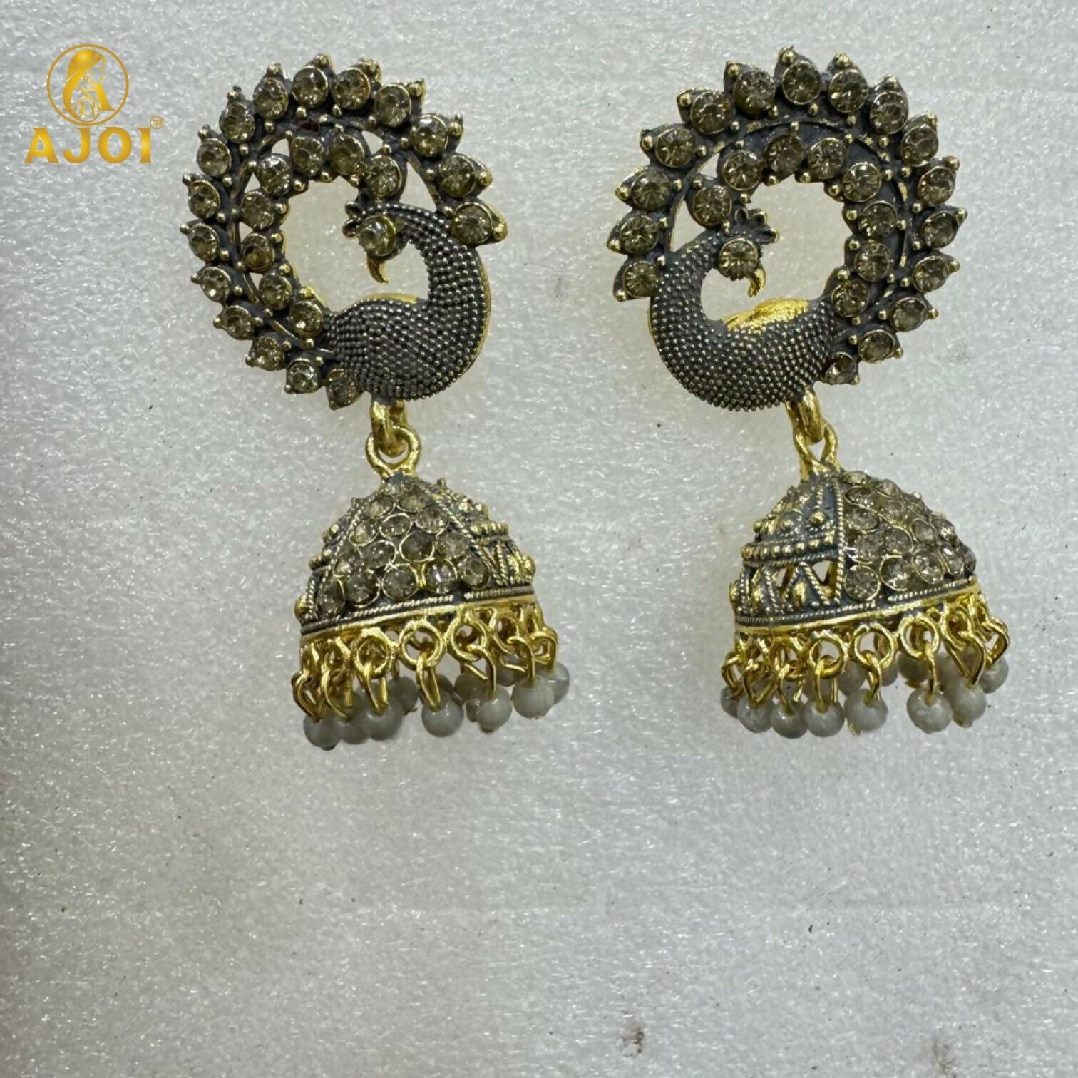 Antique Grey Peacock Design Jhumka Earrings