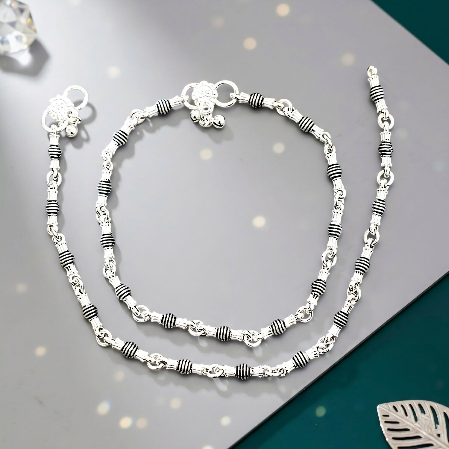 Silver Anklets - Black Beads & Heart Charm,anklet
