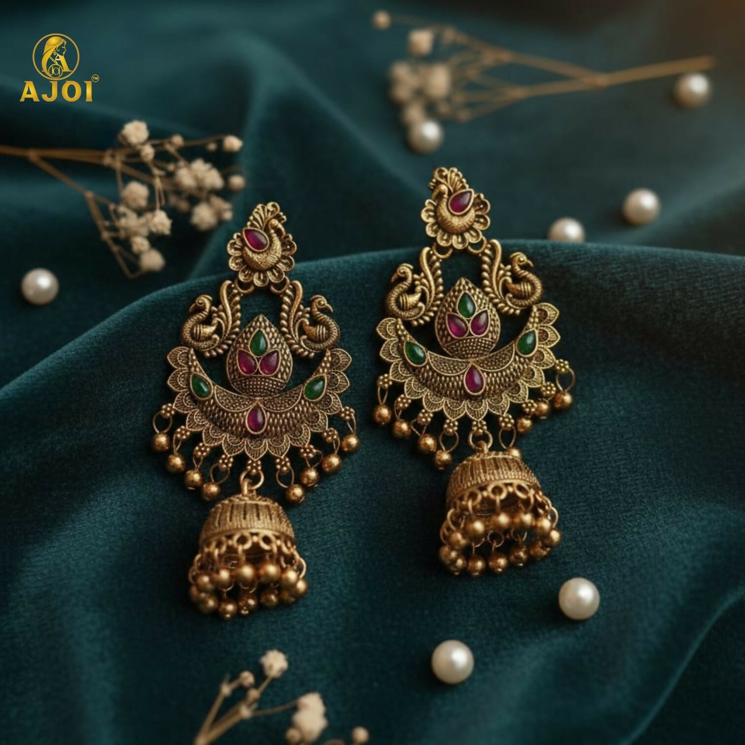 Traditional Gold Plated Peacock Design Jhumka Earrings with Green & Pink Stones for Women