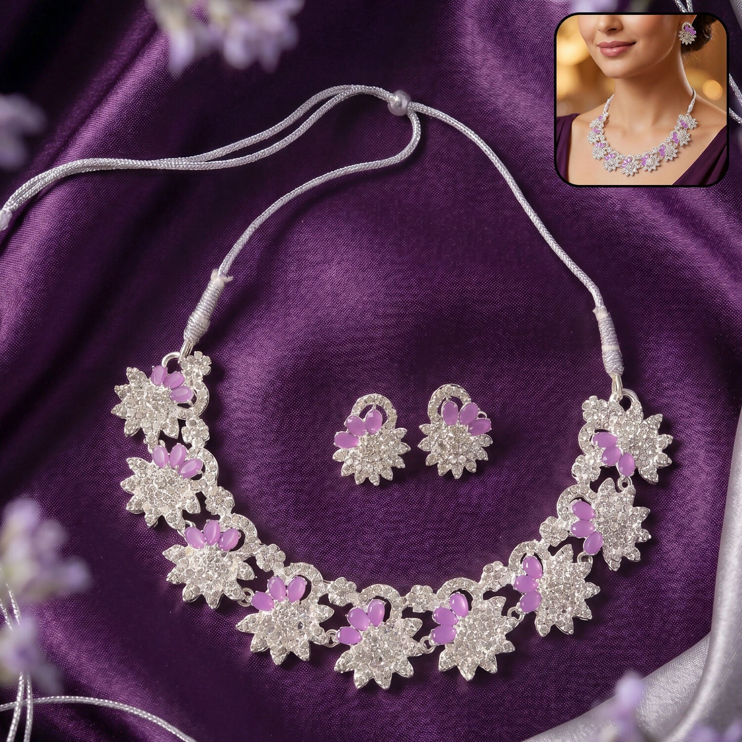 Stunning Pink Floral Necklace Set with Sparkling Earrings for Weddings and Parties