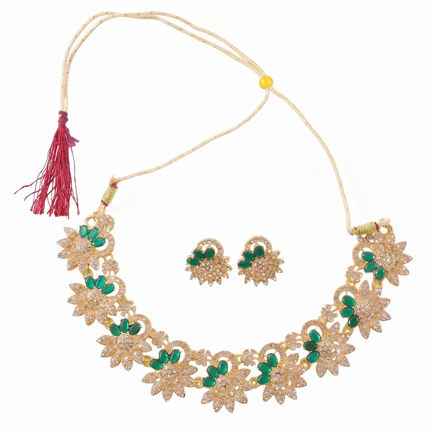Elegant Gold Plated Necklace & Earrings Set with Green Stones