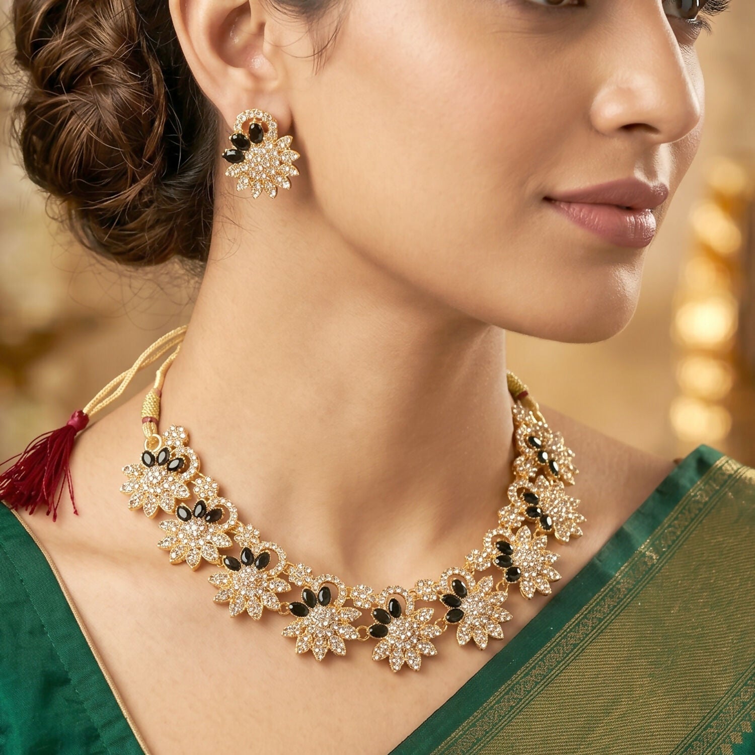Title: Elegant Gold Plated Necklace & Earrings Set with Black Stones