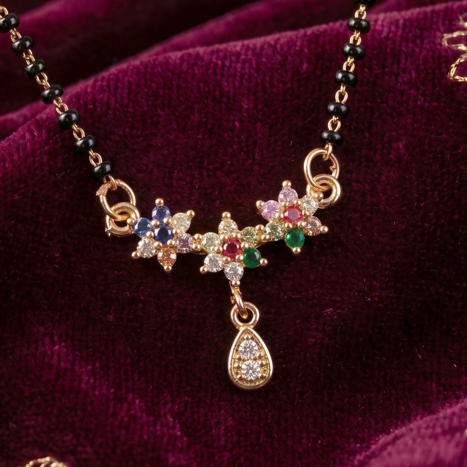 Multicolor Floral Stone Mangalsutra with Hanging Drop Pendant