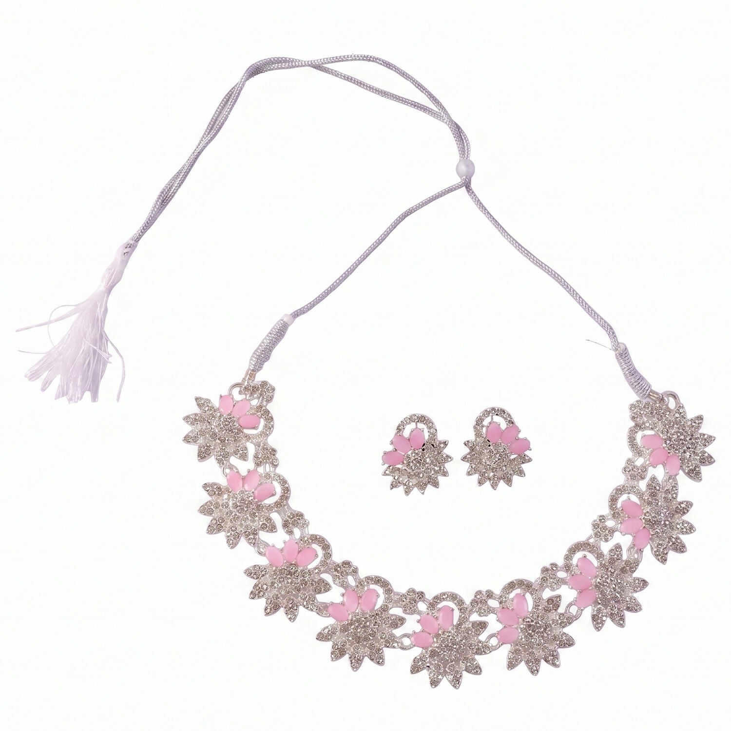 Elegant Pink Floral Necklace Set with Matching Earrings for Special Occasions