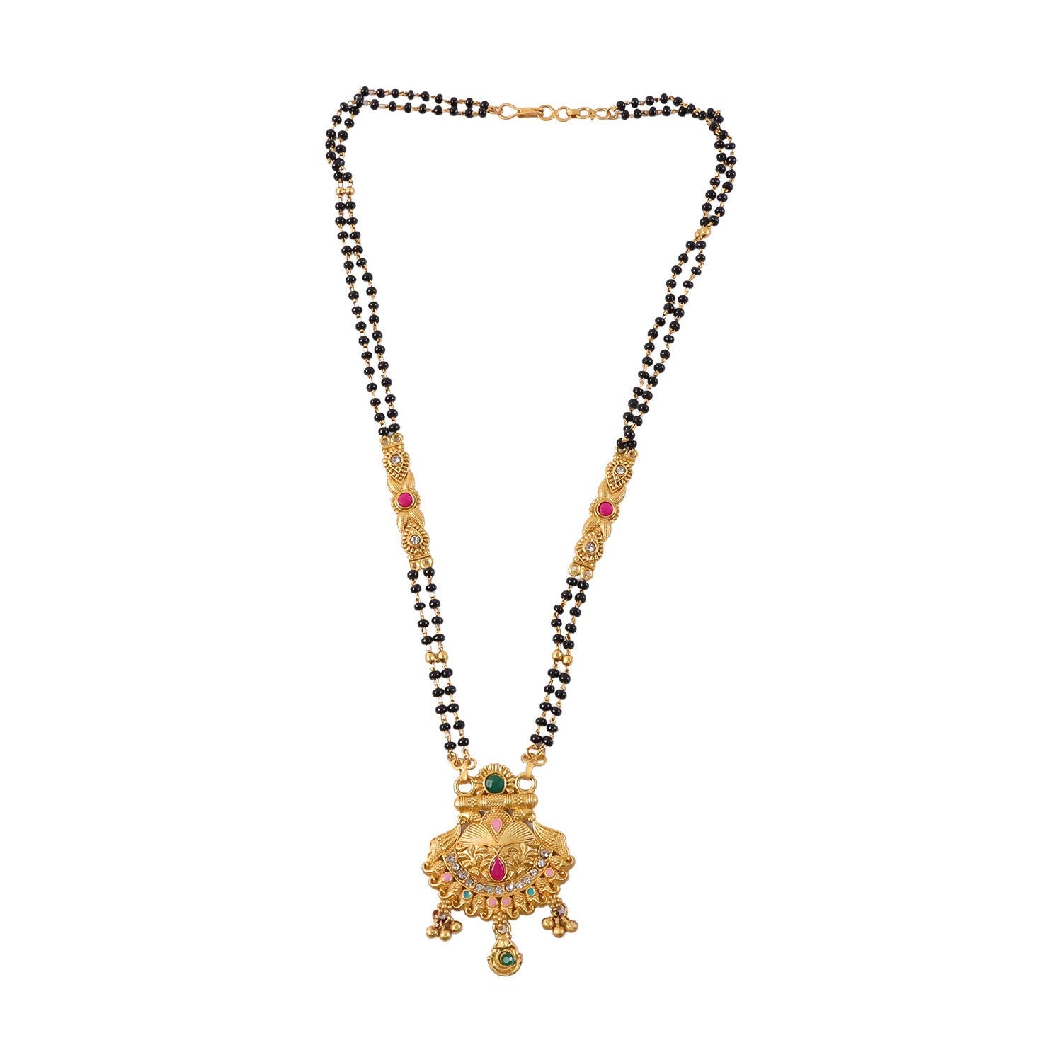 Tortoise Shell Temple Pendant with Emerald Crown & CZ Crescent Double Strand Mangalsutra