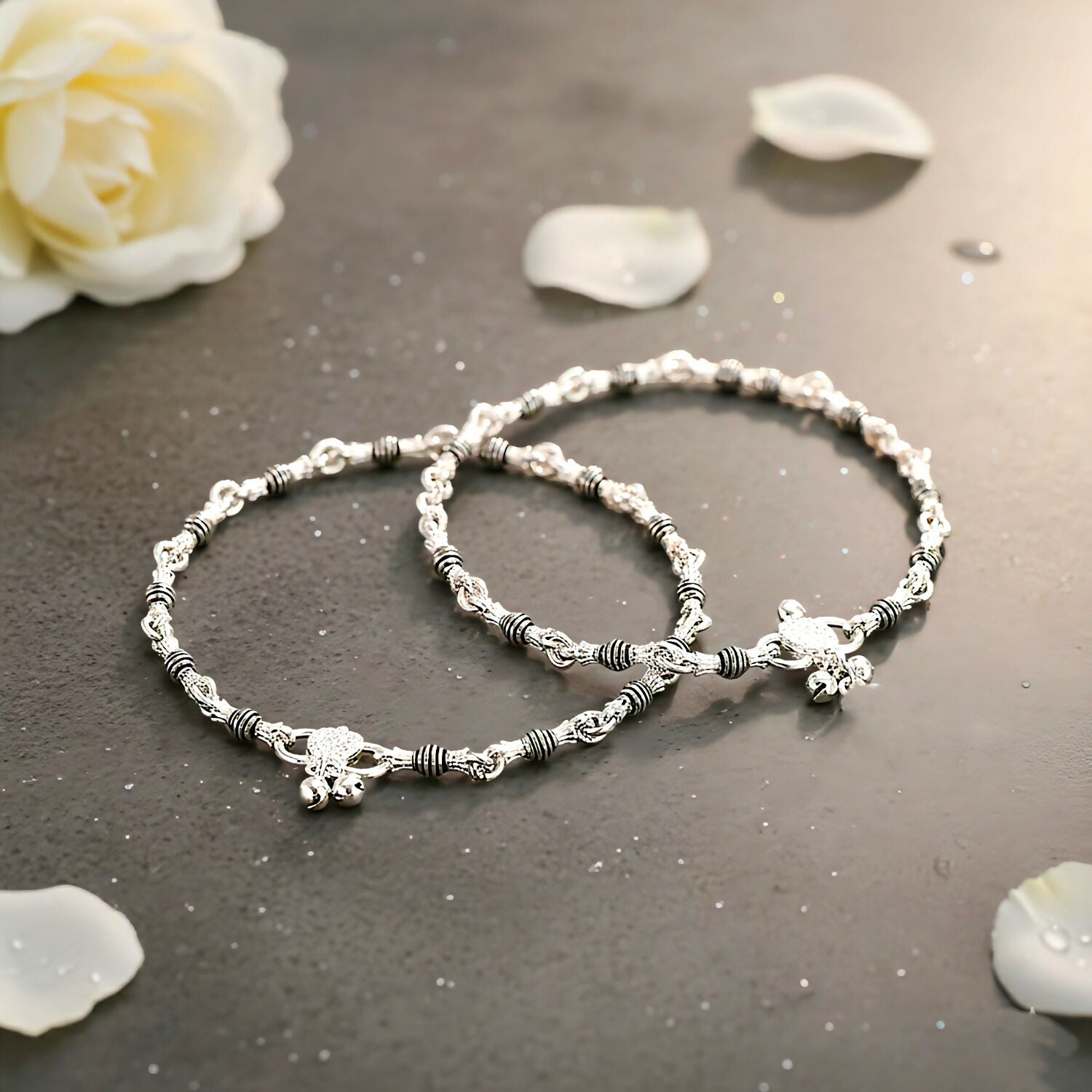 Silver Anklets - Black Beads & Heart Charm,anklet