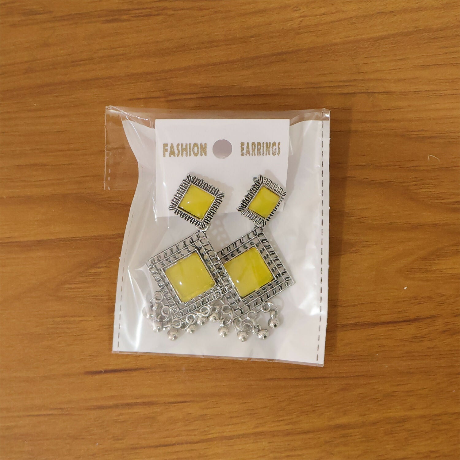 Traditional Indian Oxidised Dangler Earrings with Square Yellow Monalisa Stones