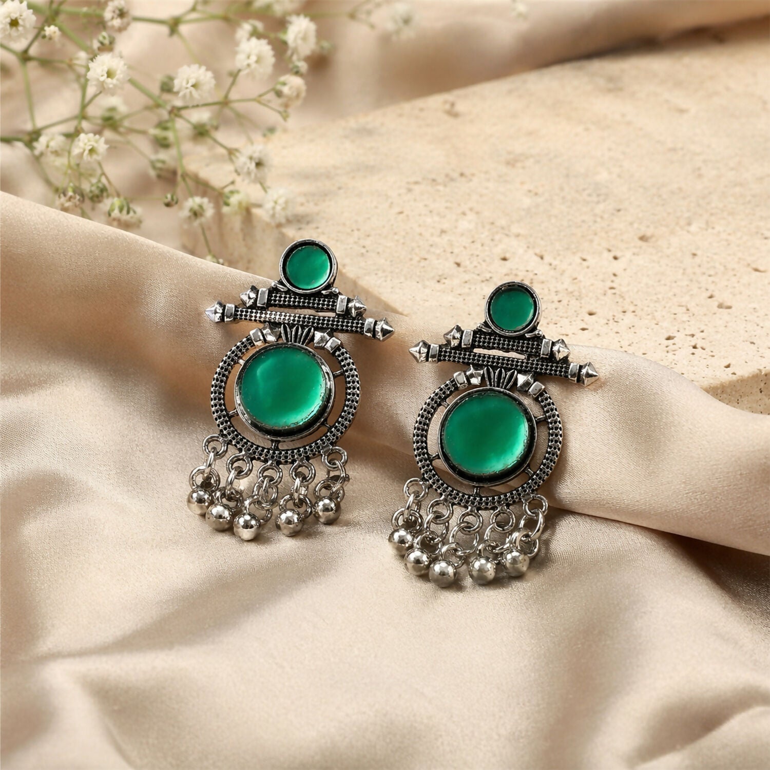 German Silver Green Stone Drop Earrings for Women | Festive & Party Wear Jewelry
