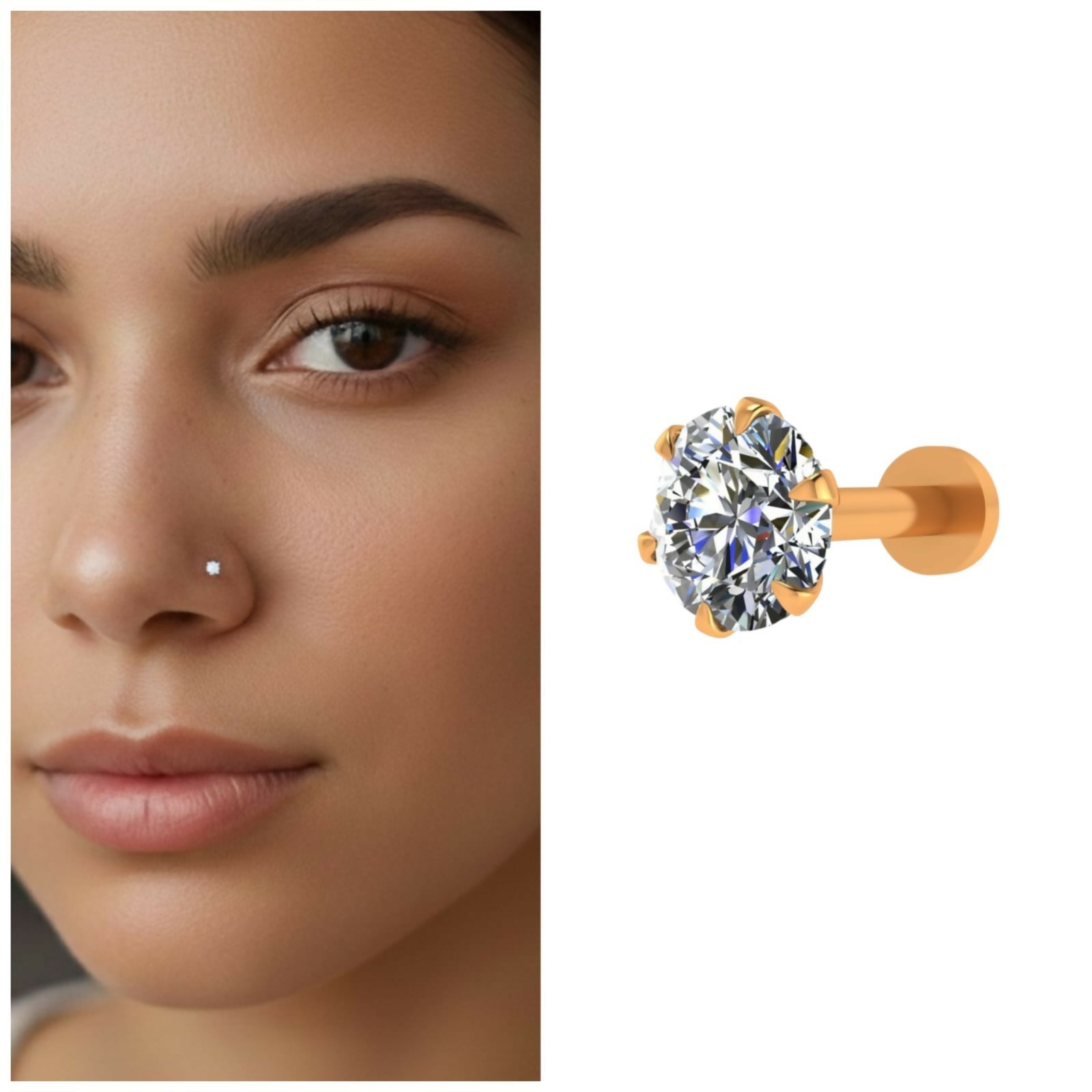 Gold Single AD Nosepin Laung Koka Nathni Round Solitaire Flat Back Stud
