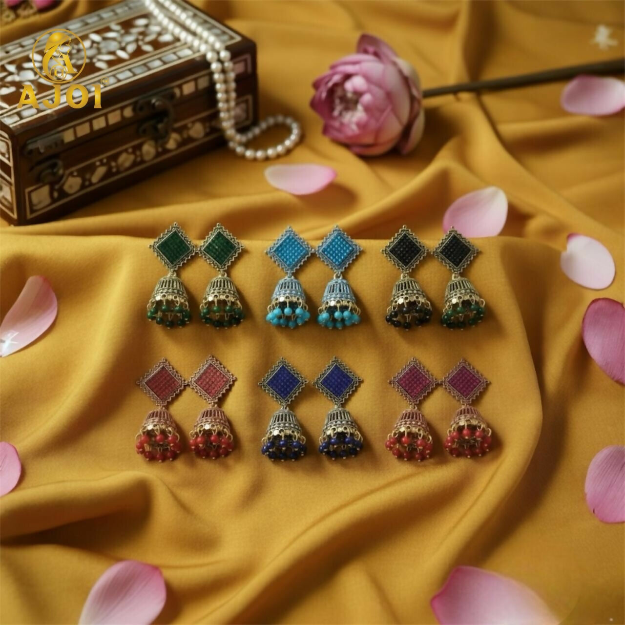 Trendy Oxidised Jhumki Earrings with Designer Square Tops (PACK OF 6)