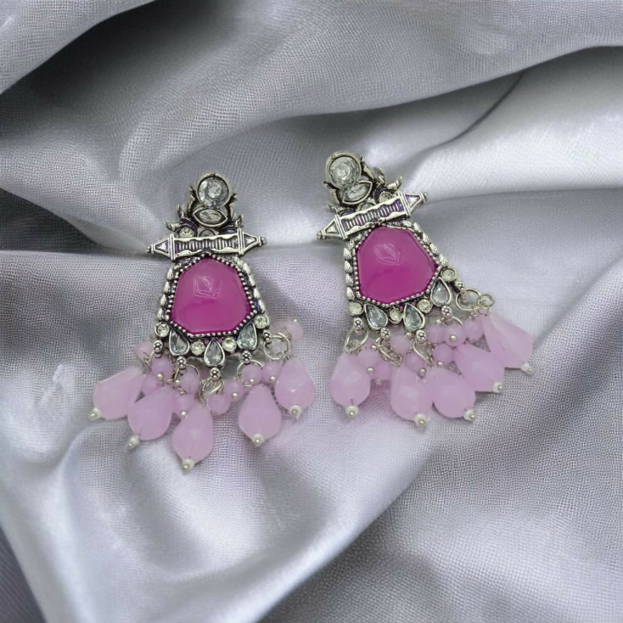 German Silver Oxidized Earrings with Fuchsia Stones & Pastel Drops
