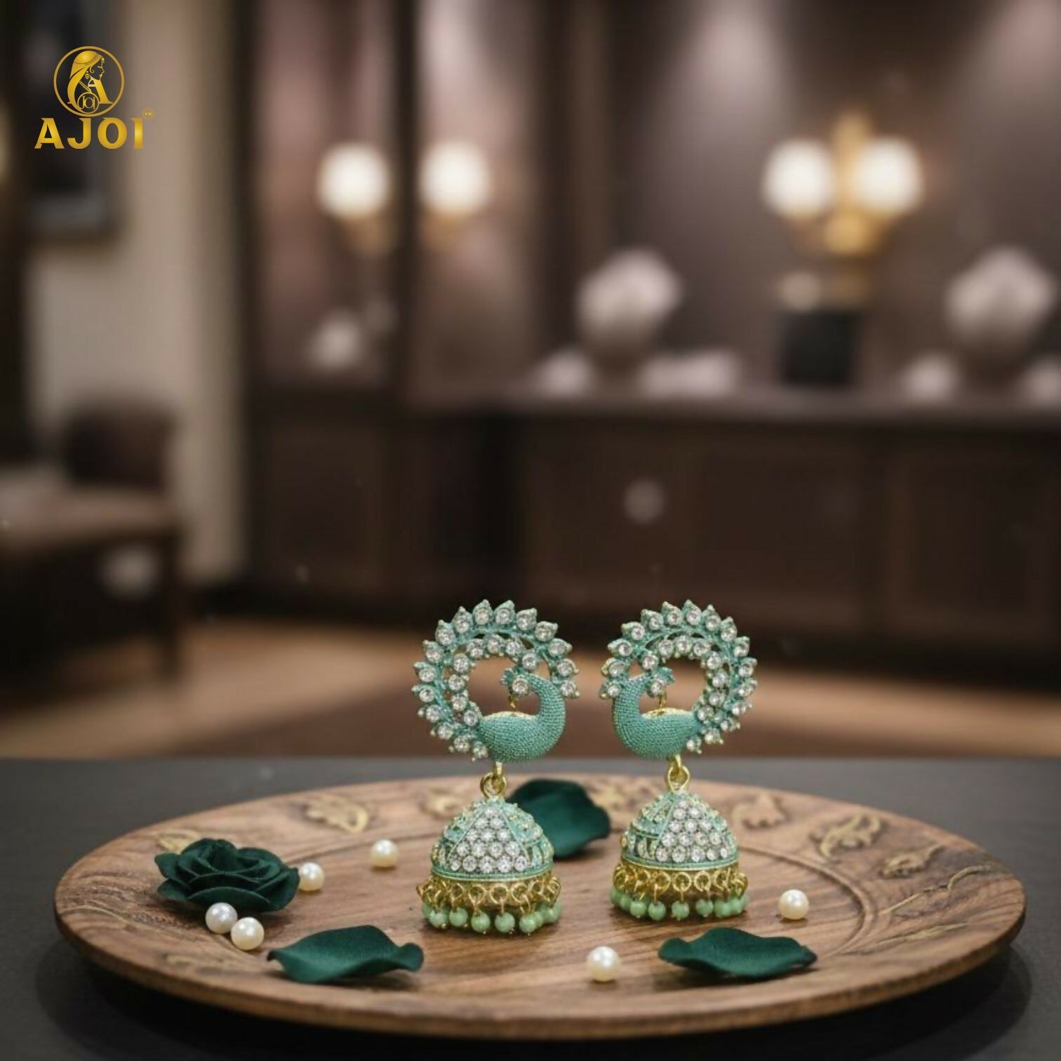 Mint Green Peacock Stone Jhumka Earrings