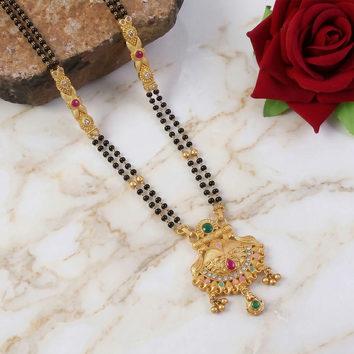 Tortoise Shell Temple Pendant with Emerald Crown & CZ Crescent Double Strand Mangalsutra