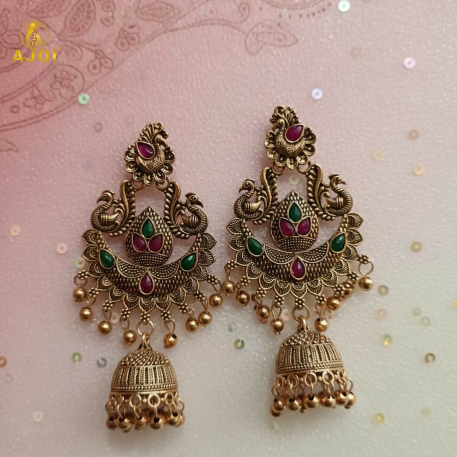 Traditional Gold Plated Peacock Design Jhumka Earrings with Green & Pink Stones for Women
