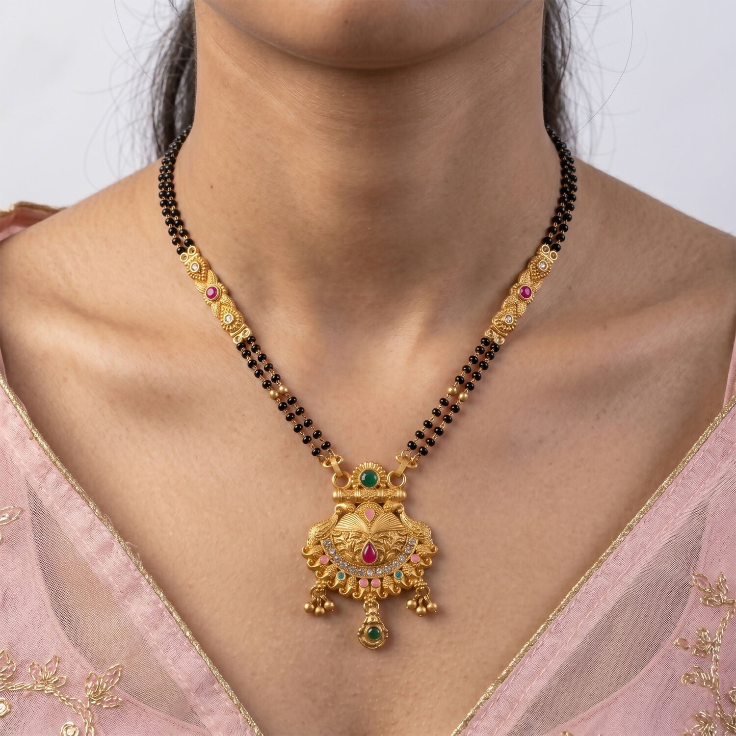 Tortoise Shell Temple Pendant with Emerald Crown & CZ Crescent Double Strand Mangalsutra