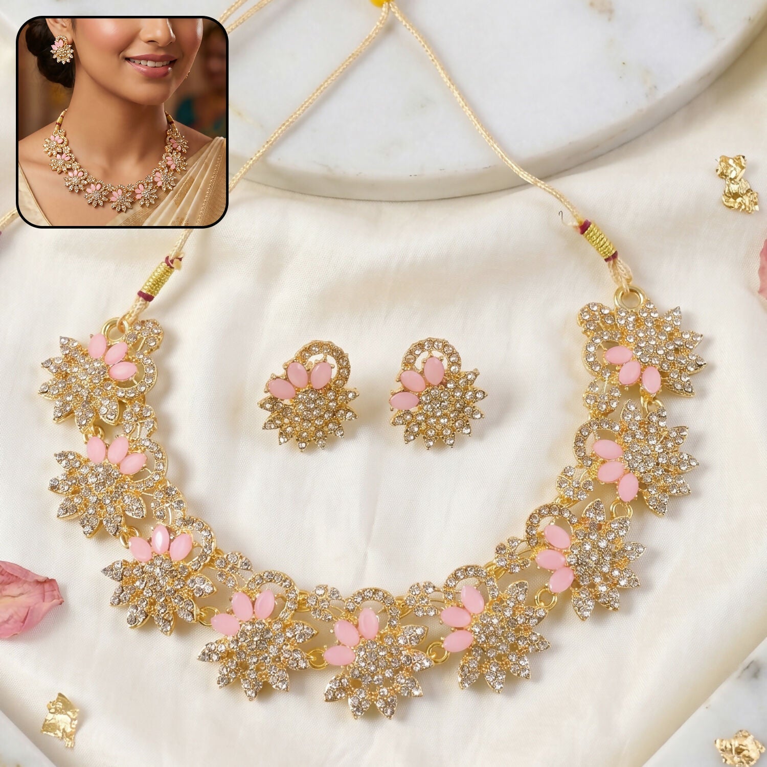 Soft Pink Plated Necklace & Earrings Set For Woman