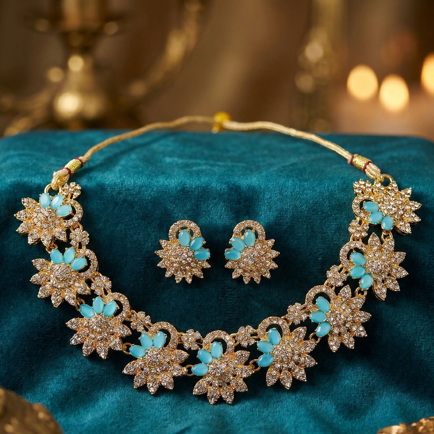 Luxurious Blue Floral Necklace Set with Earrings for Celebrations