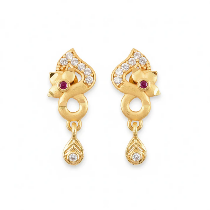 Premium Gold Plated Designer Earrings with Ruby & Crystal Drops