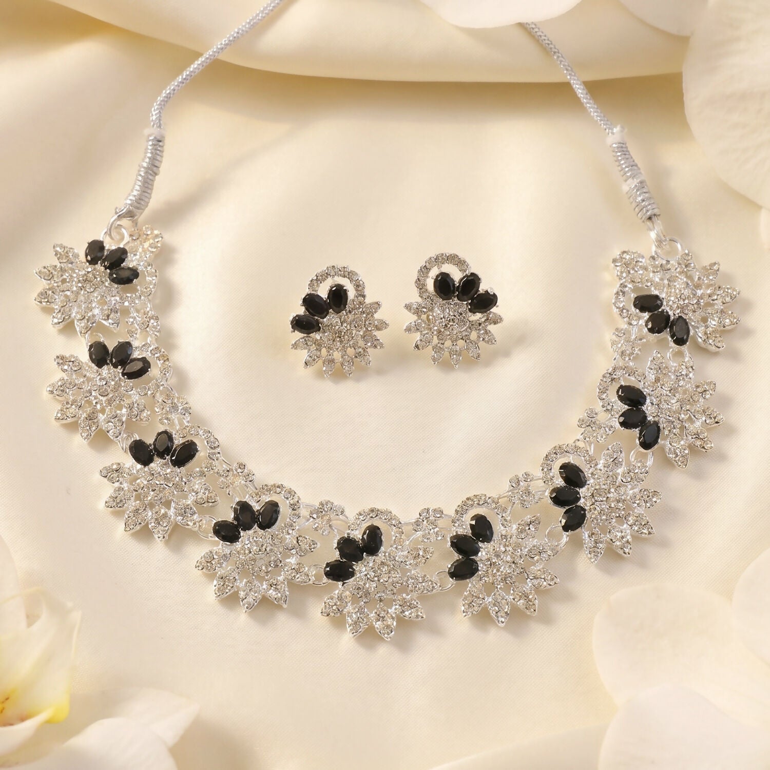 Elegant Silver-Plated Black Stone Necklace Set with Earrings For Woman