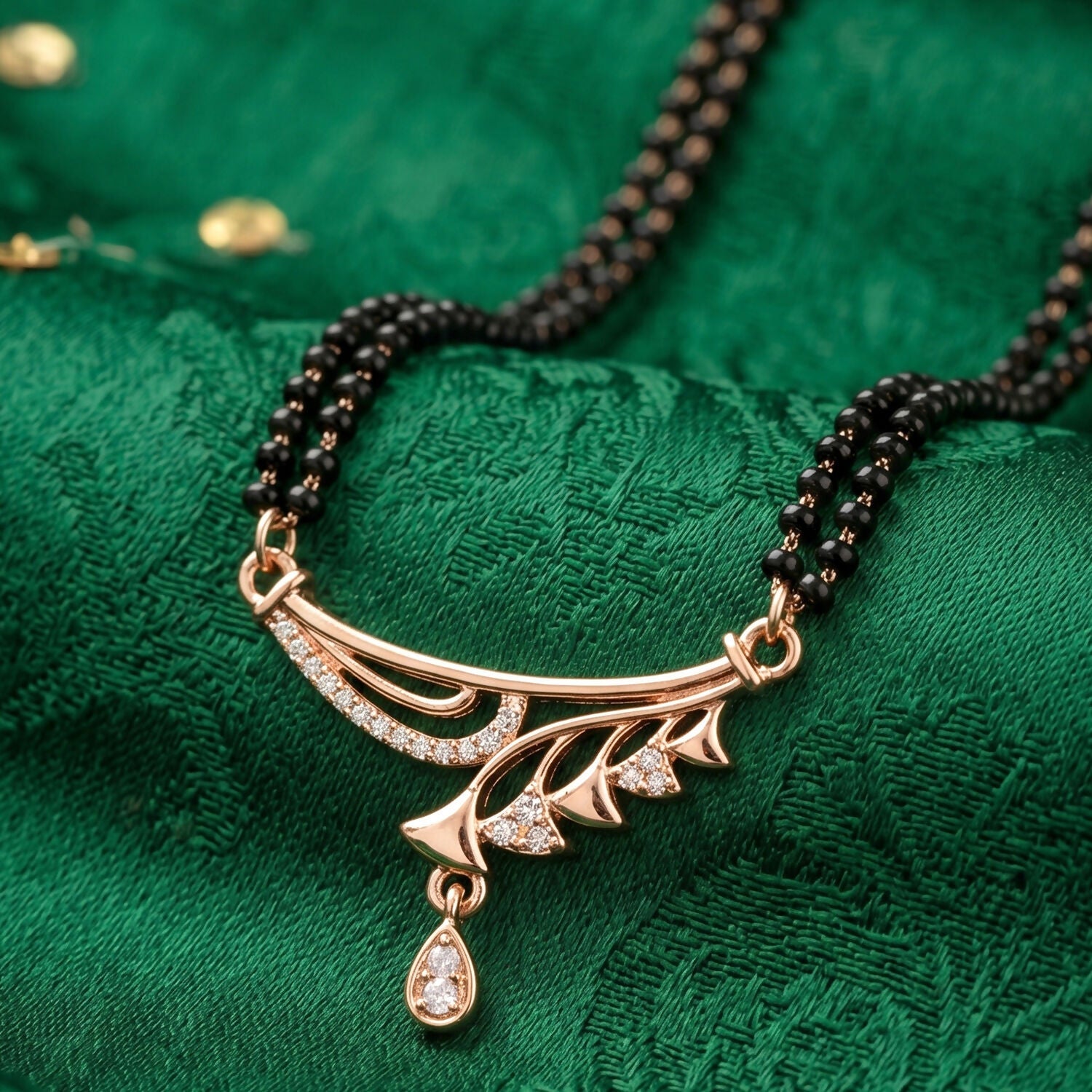 Rose Gold Finish Cascading Leaf Spray CZ Pendant Double Strand Mangalsutra