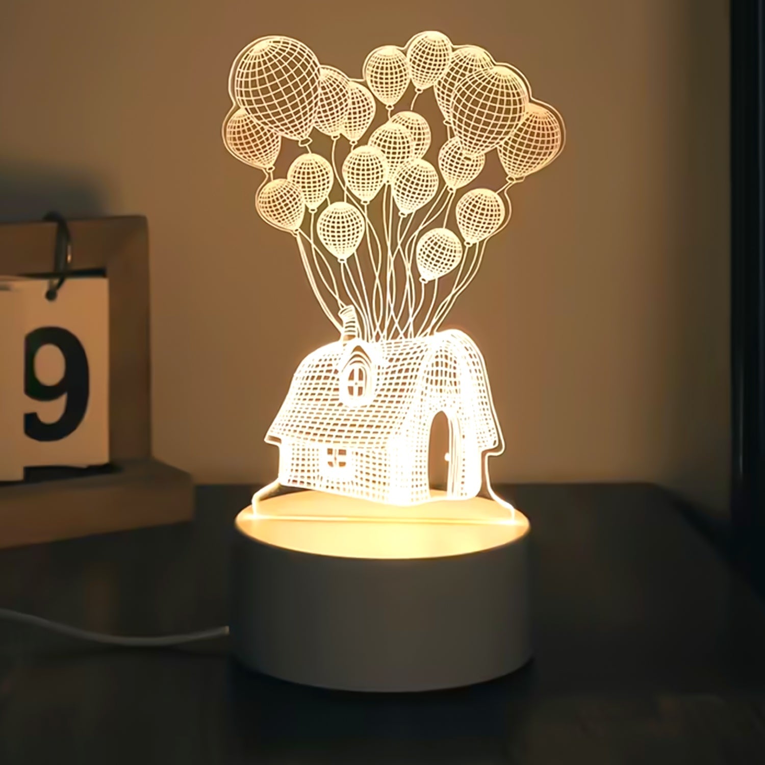 3D Illusion Table Lamp – House and Balloons LED Night Light
