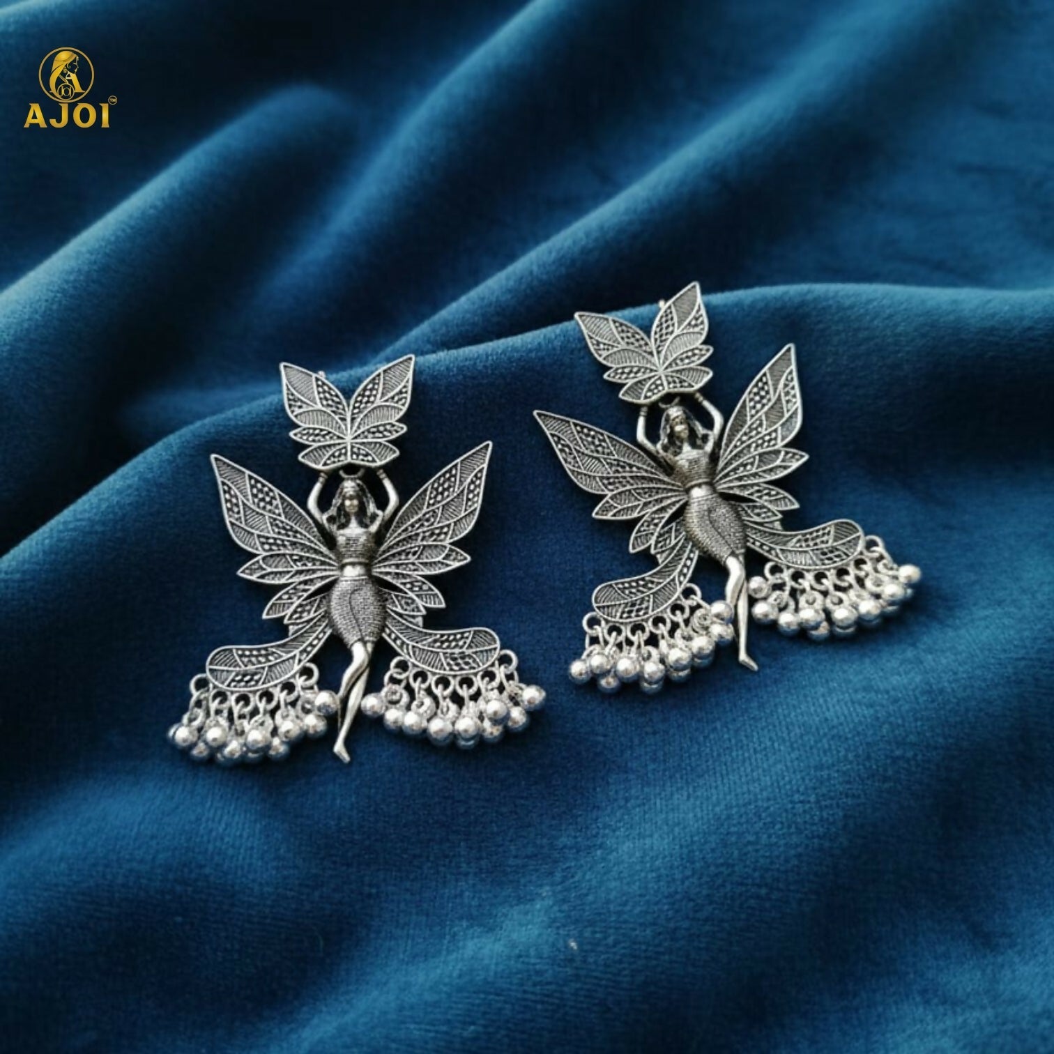 Enchanted Fairy Wing Oxidized Silver Statement Earrings with Dangling Beads
