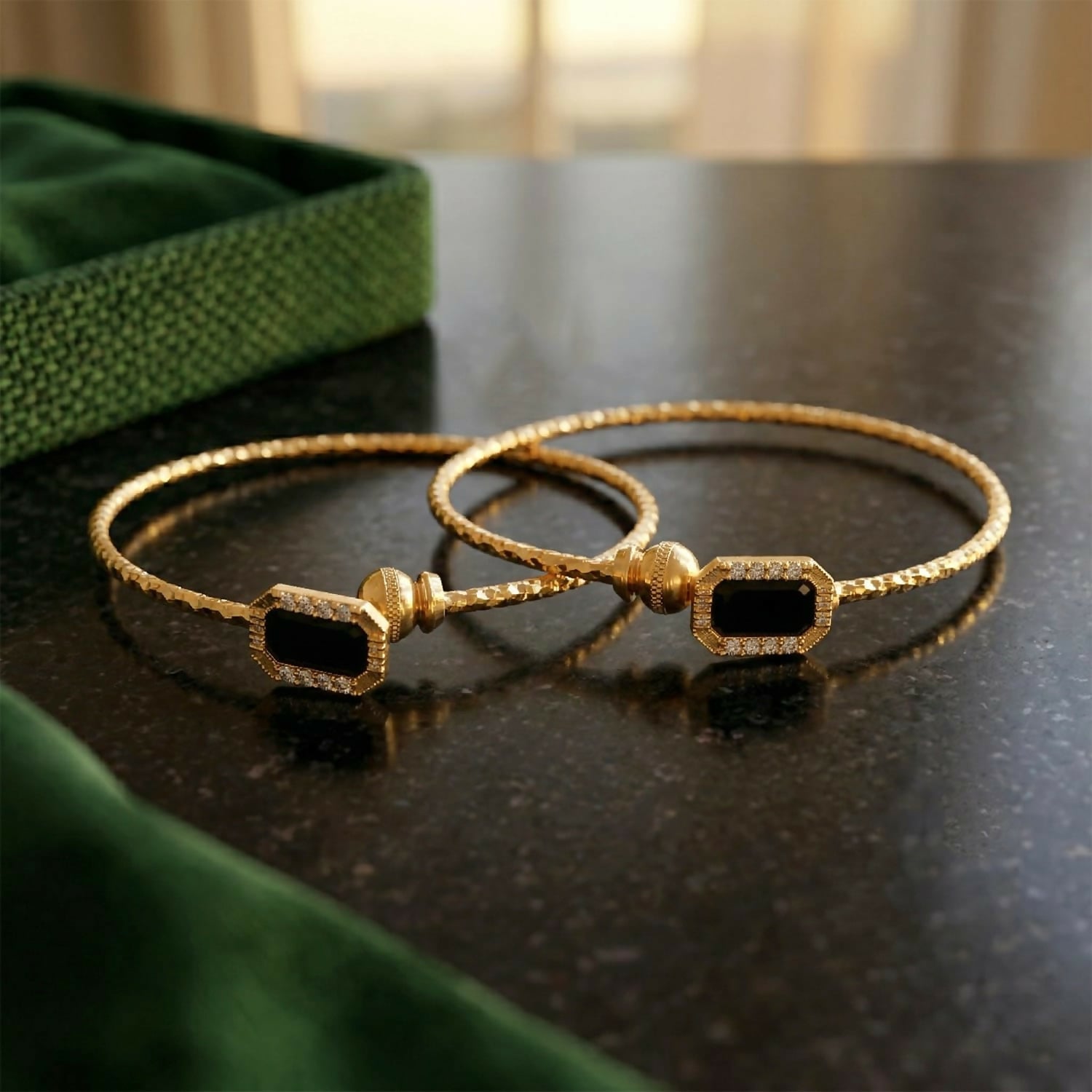 Gold Plated Black Stone Designer Open Bangle Bracelet for Women