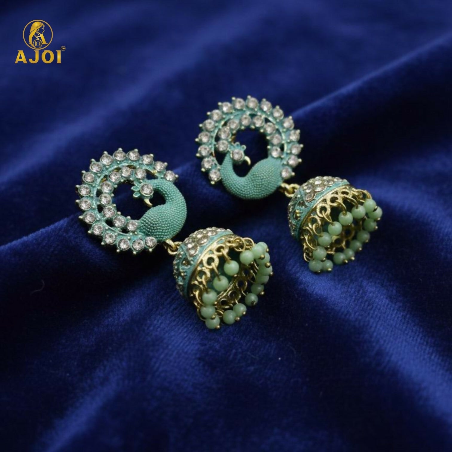 Mint Green Peacock Stone Jhumka Earrings
