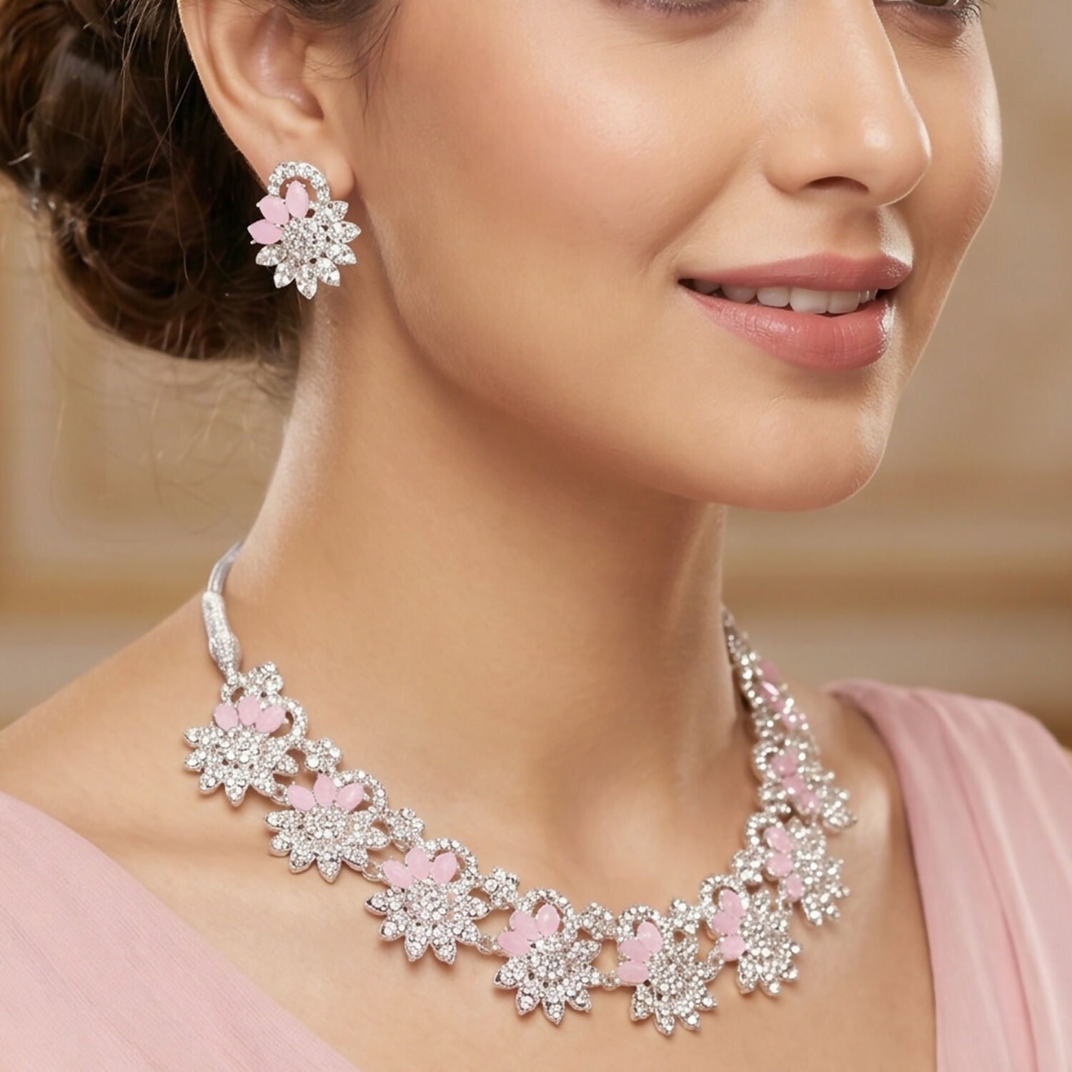 Elegant Pink Floral Necklace Set with Matching Earrings for Special Occasions