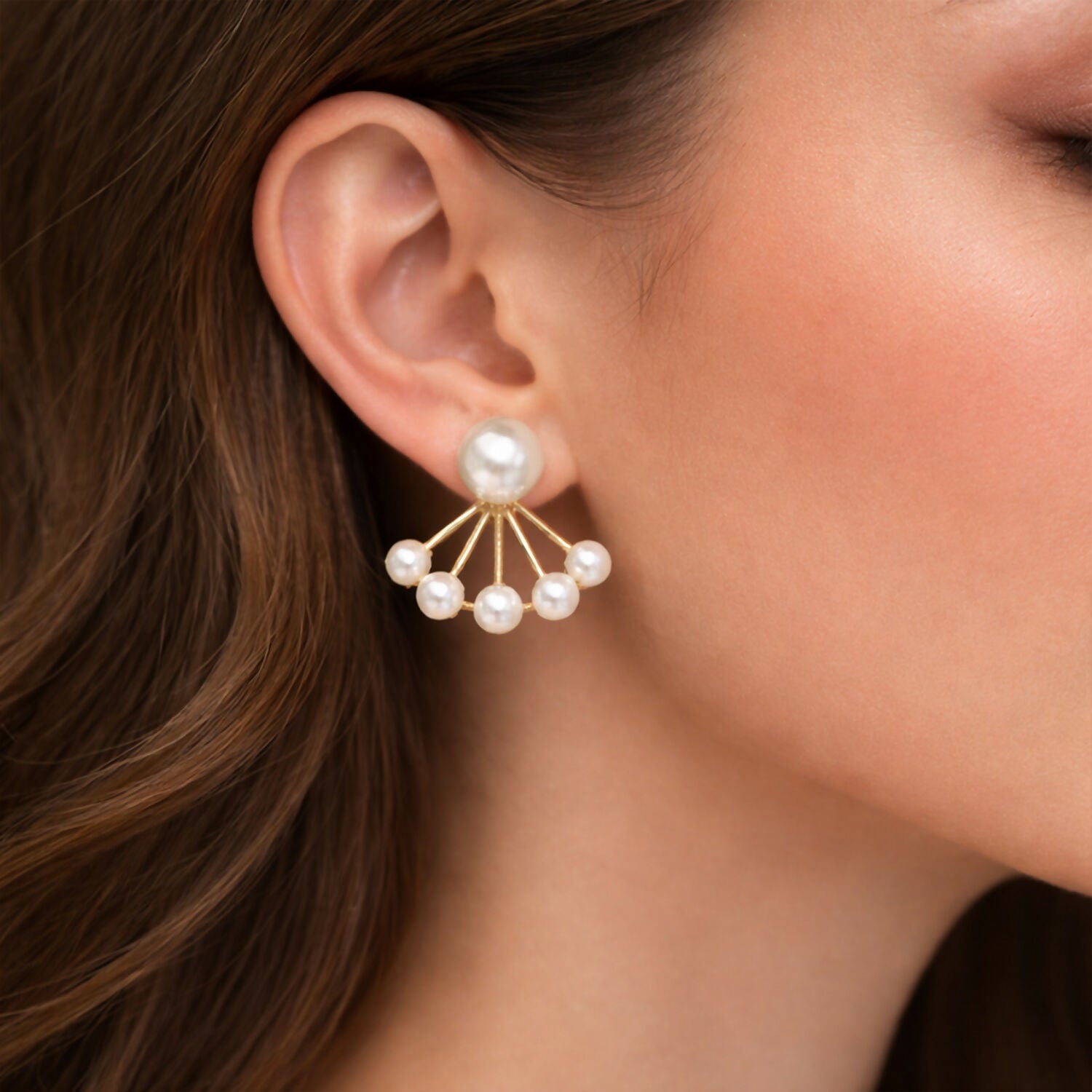 Korean Style Pearl Fan Design Stud Earrings for Women & Girls