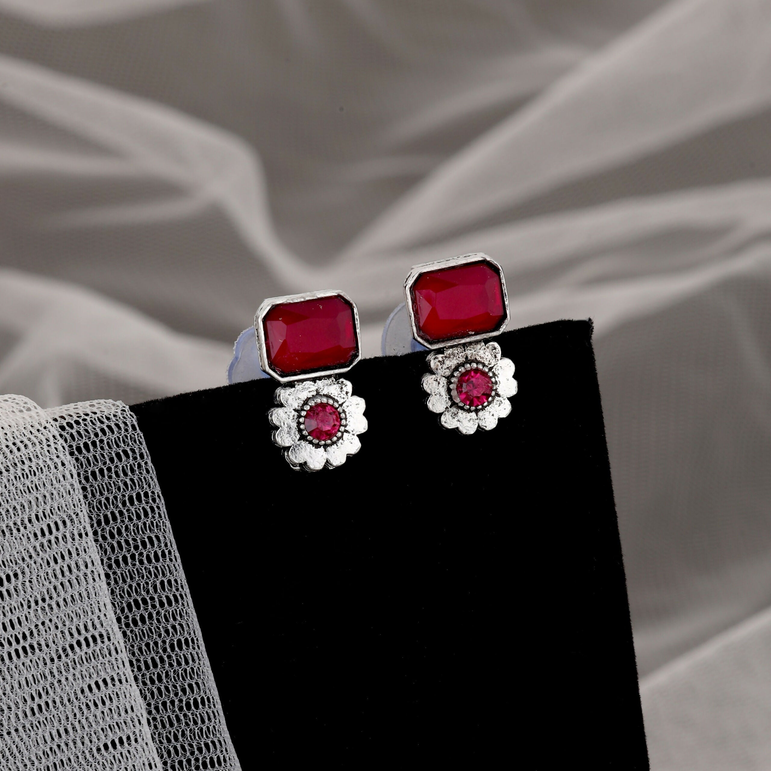 Vintage Silver-Toned Choker Set with Ruby Pink Stones