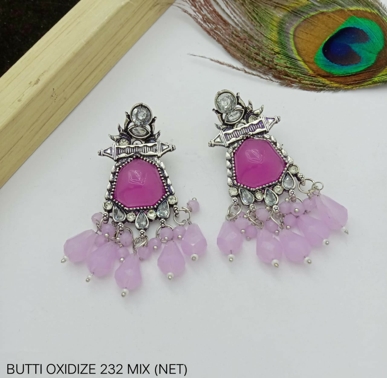 German Silver Oxidized Earrings with Fuchsia Stones & Pastel Drops