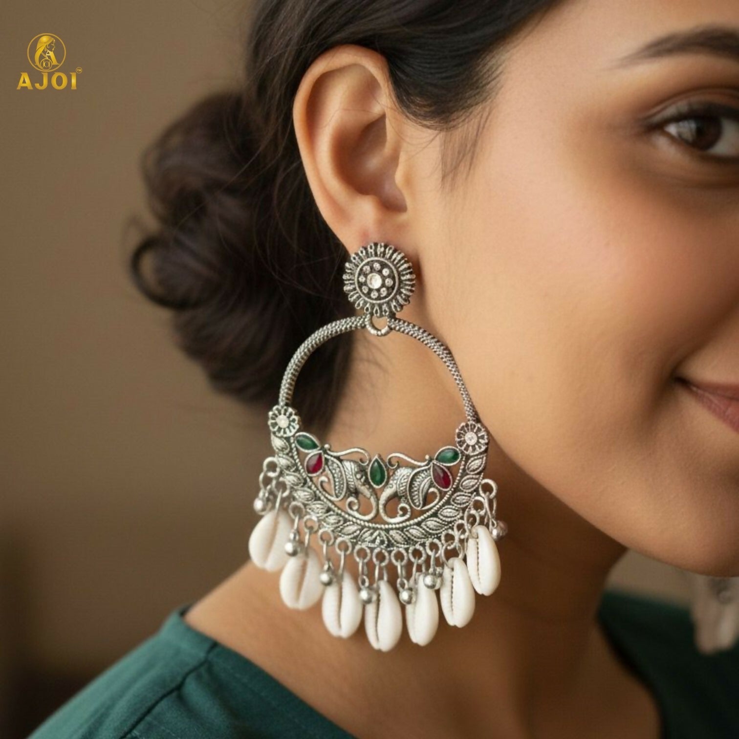 Royal Elephant Oxidized Silver Shell Chandbali Earrings with Handcrafted Motifs