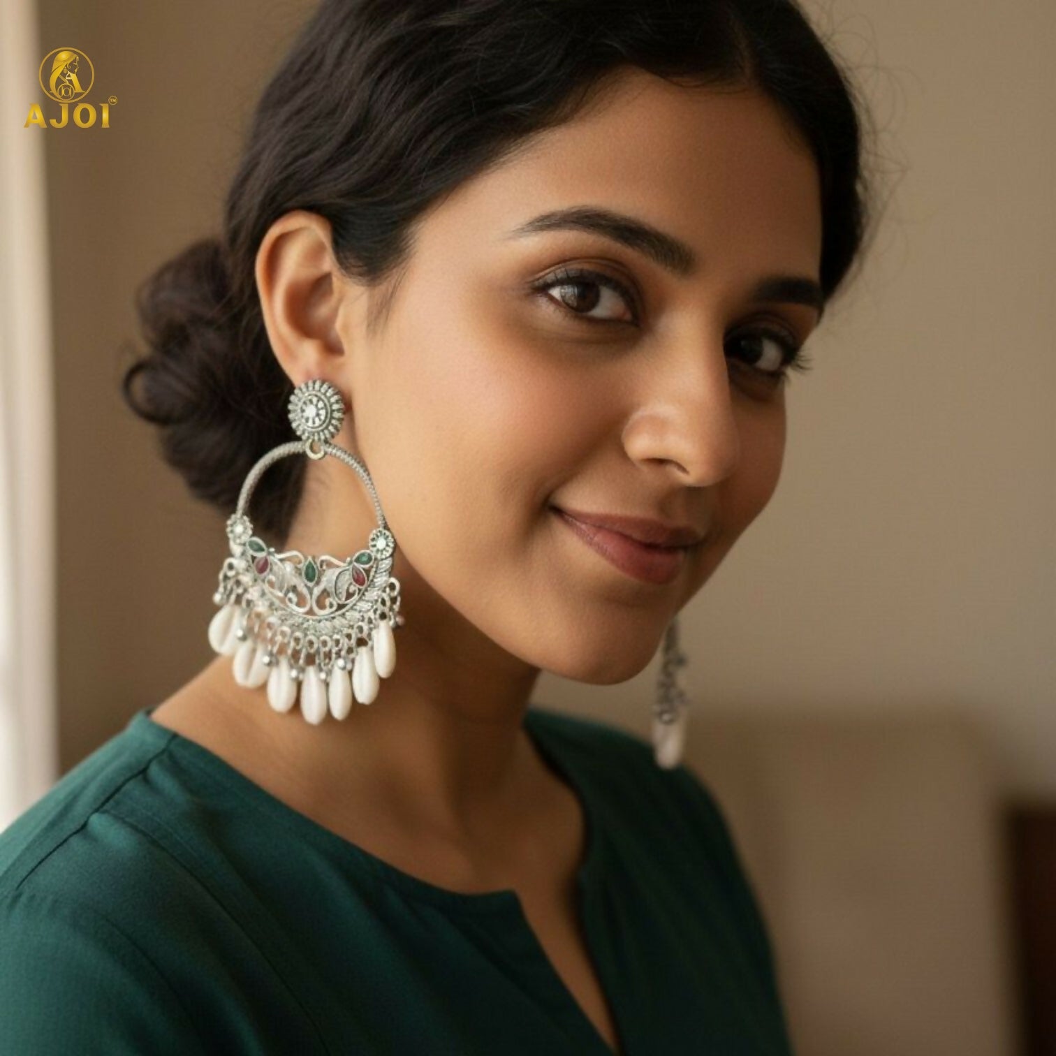 Royal Elephant Oxidized Silver Shell Chandbali Earrings with Handcrafted Motifs
