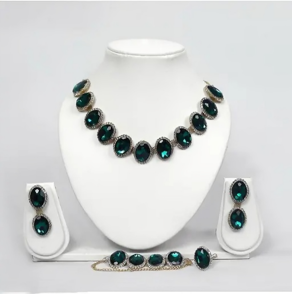 Emerald Green Crystal Statement Jewelry Set – Necklace, Earrings, Bracelet & Ring
