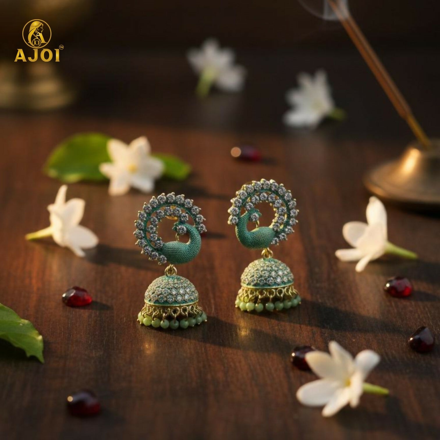Mint Green Peacock Stone Jhumka Earrings