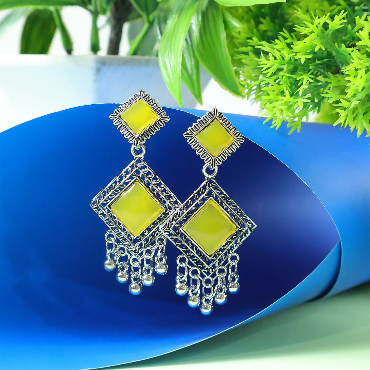 Traditional Indian Oxidised Dangler Earrings with Square Yellow Monalisa Stones