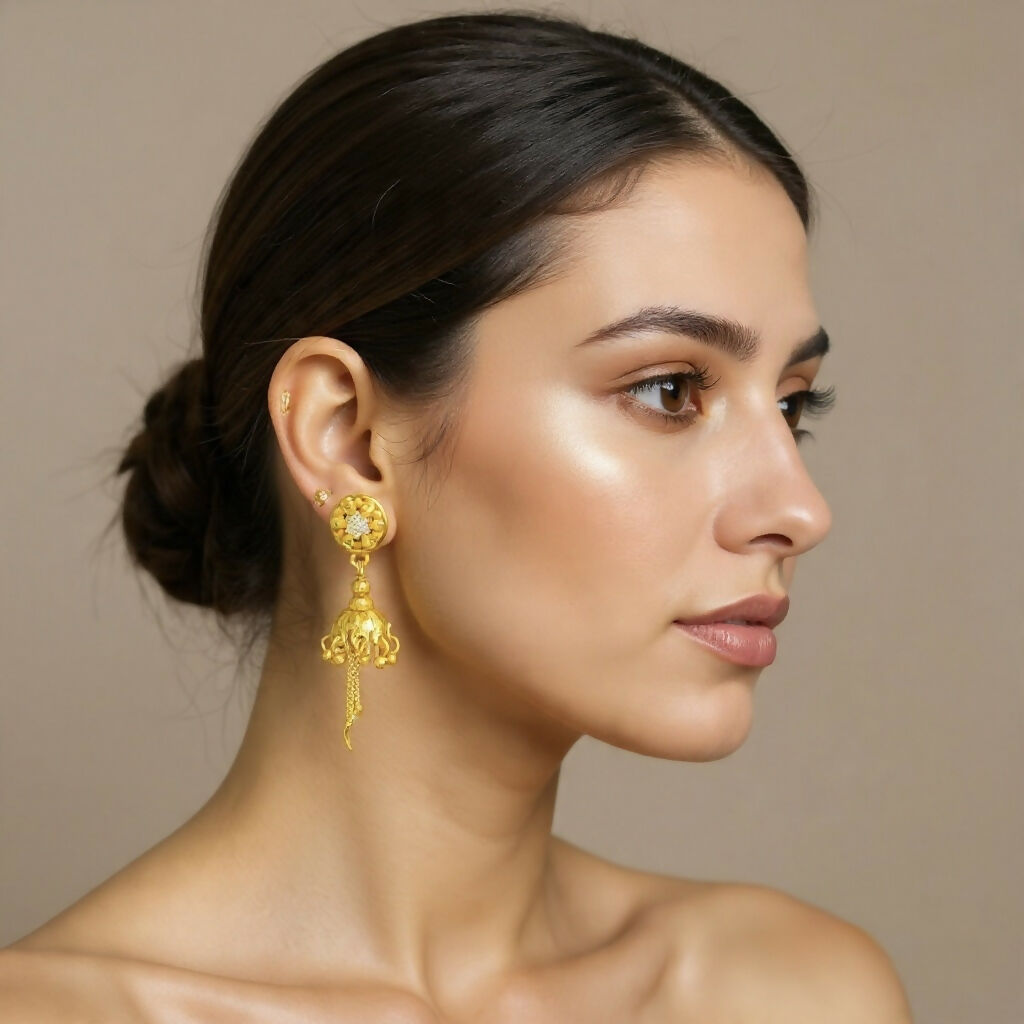 Elegant Floral Round Stud Jhumka Earrings with Chain Drops