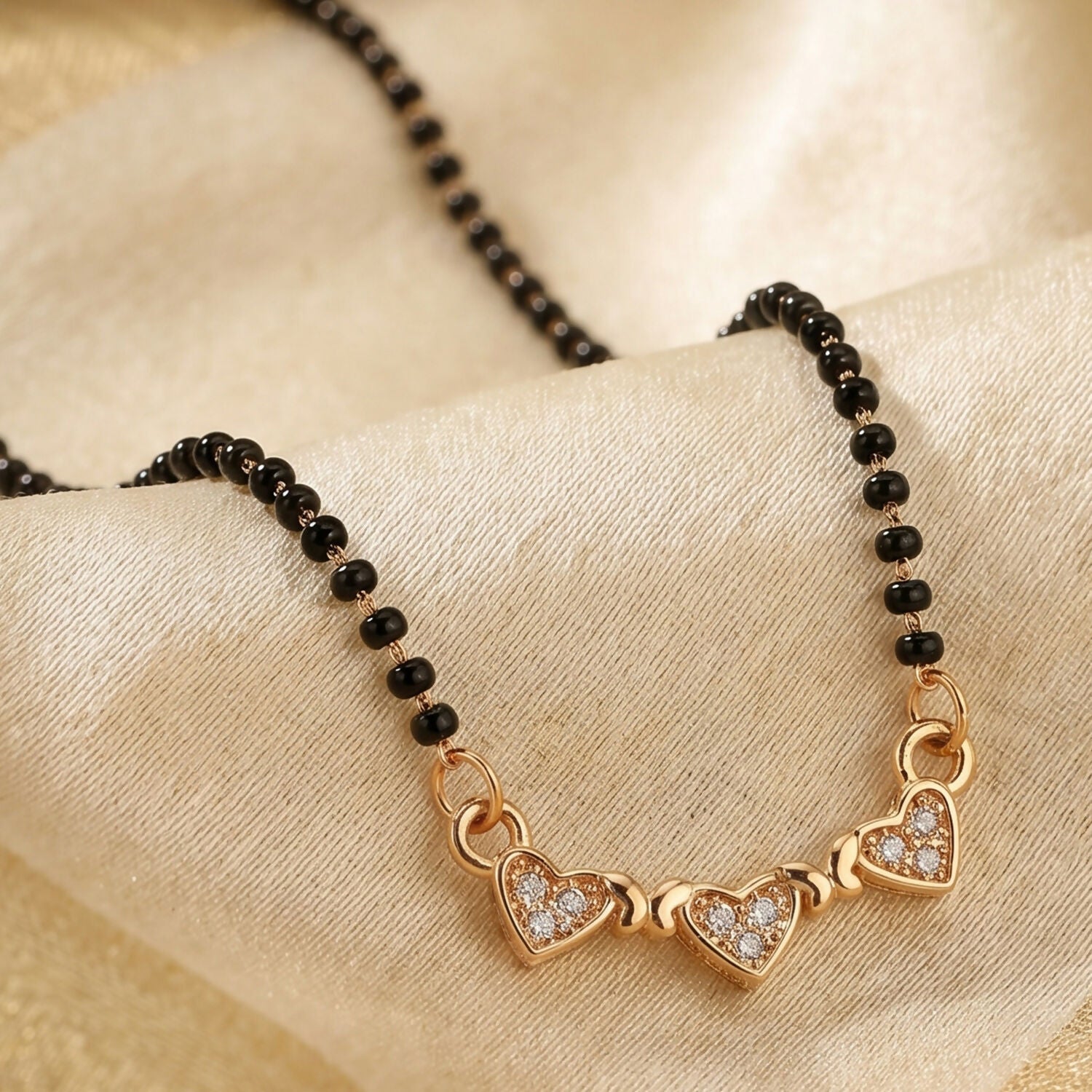 Triple Heart Design Mangalsutra Necklace with Crystal Stones