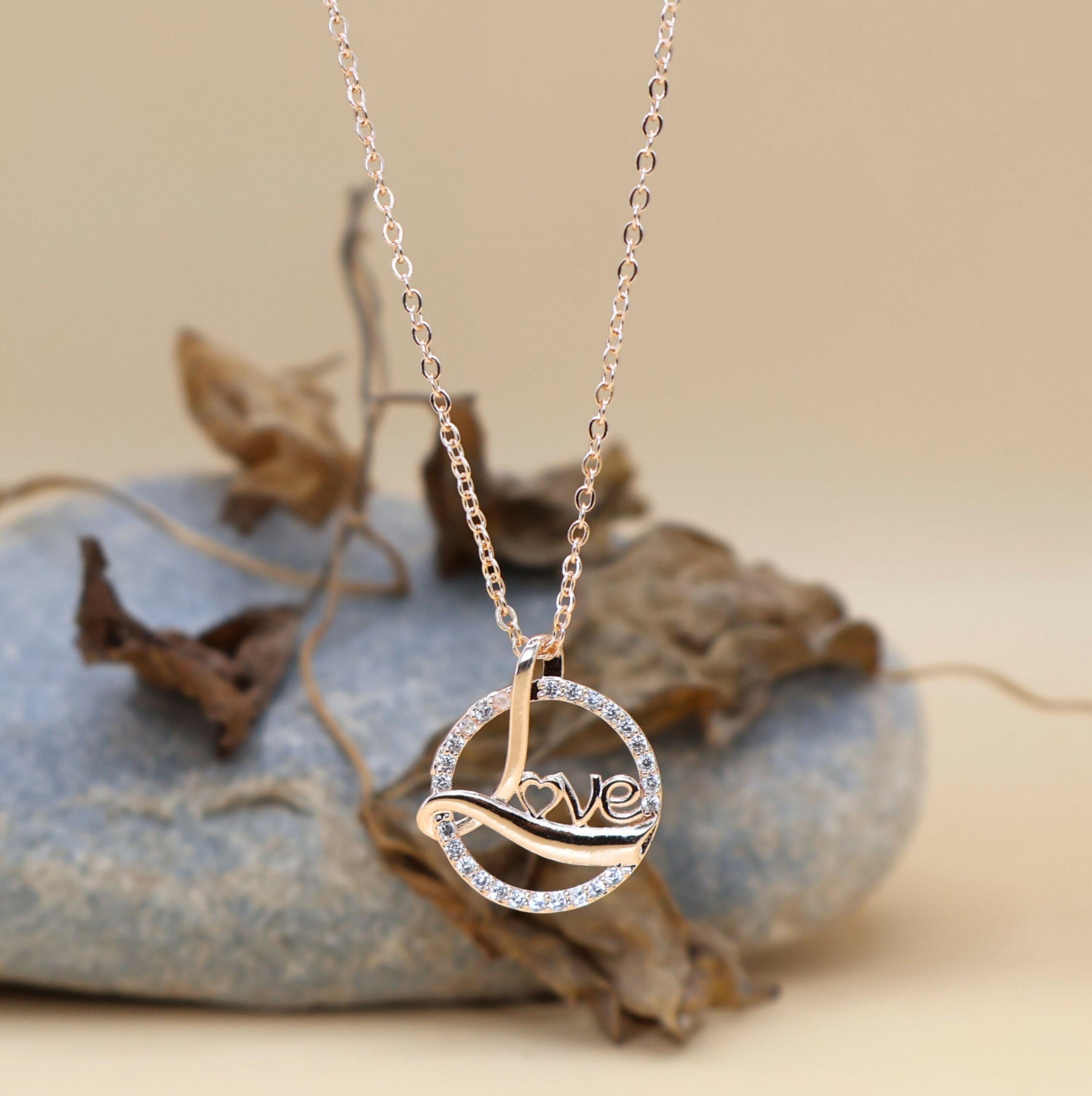 Rose Gold Plated Love Circle Necklace AD Pendant