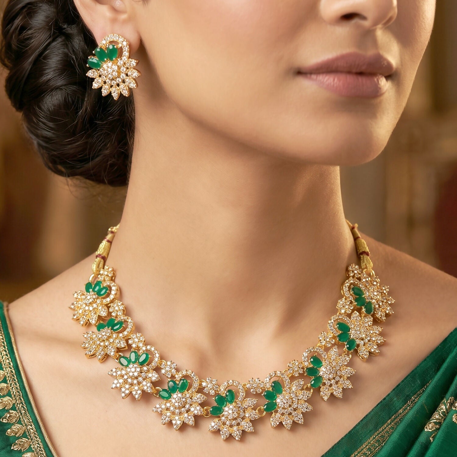 Elegant Gold Plated Necklace & Earrings Set with Green Stones