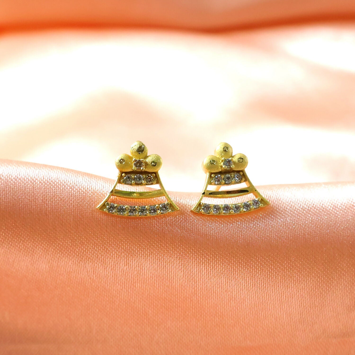 Square Floral Gold Stud Earrings with Crystal Leaf Design