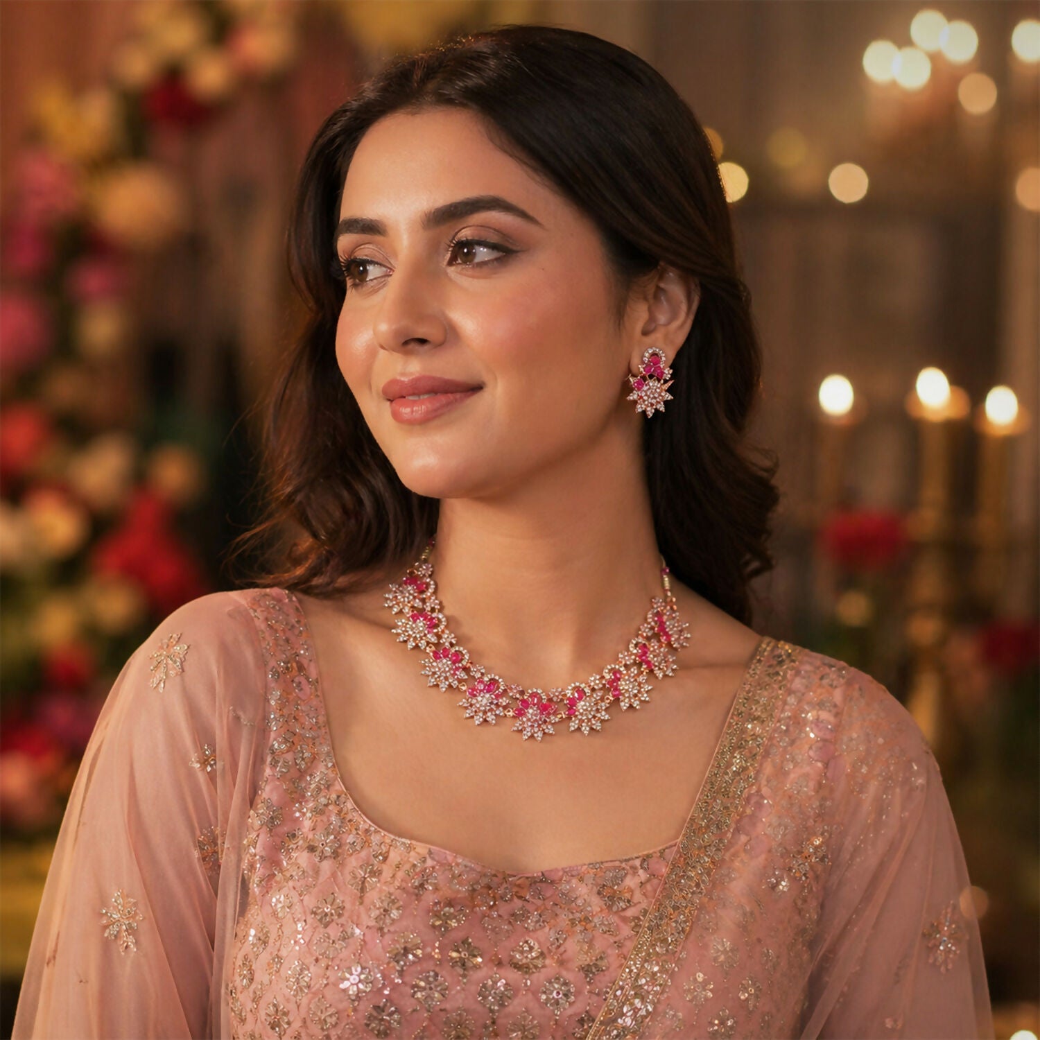 Elegant Rose Gold Necklace & Earrings Set with Red Stones