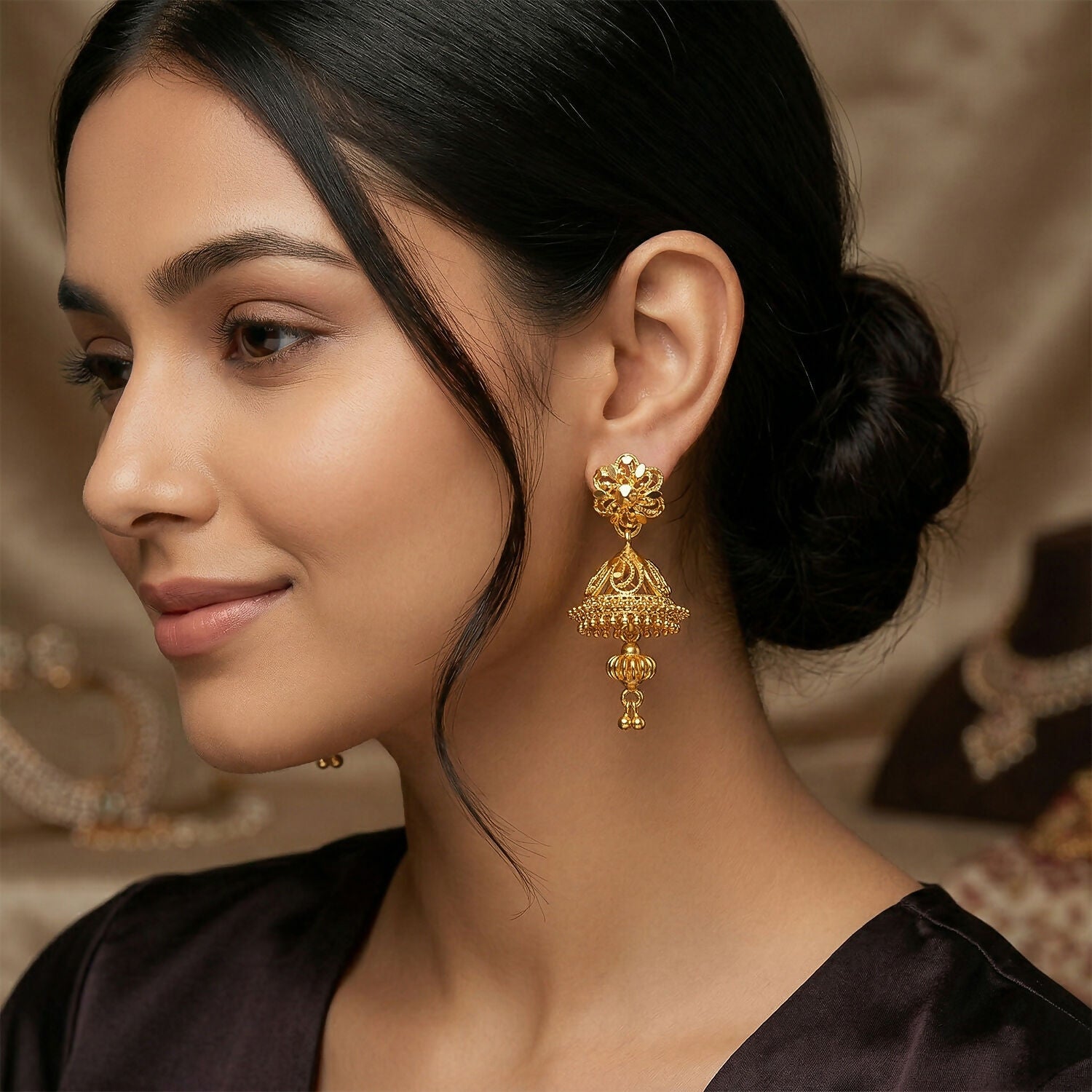 Royal Ethnic Gold Jhumka Earrings with Intricate Detailing