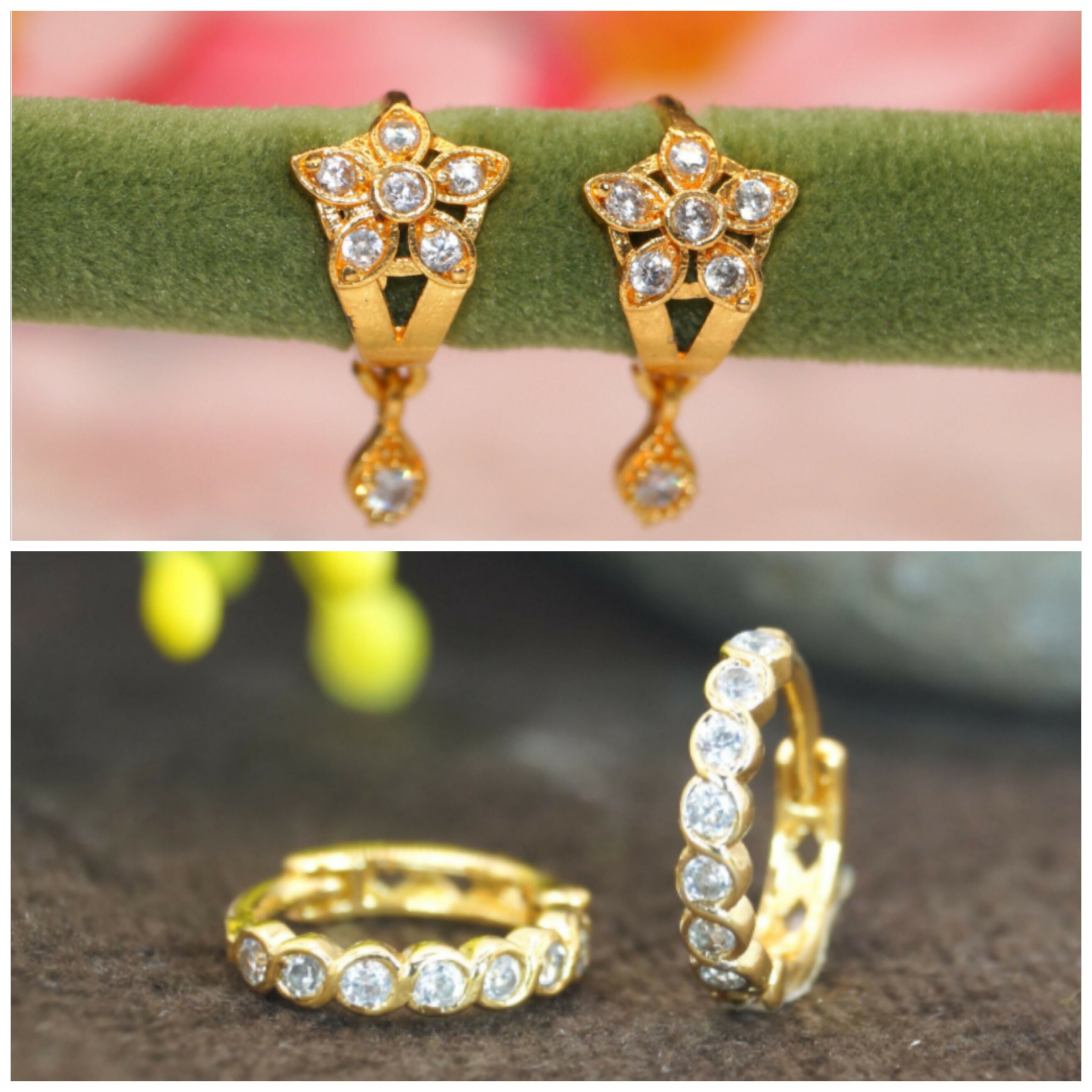 Gold Plated Flower AD Drop Huggie Earrings kan ki bali for women and girls combo pack of 2
