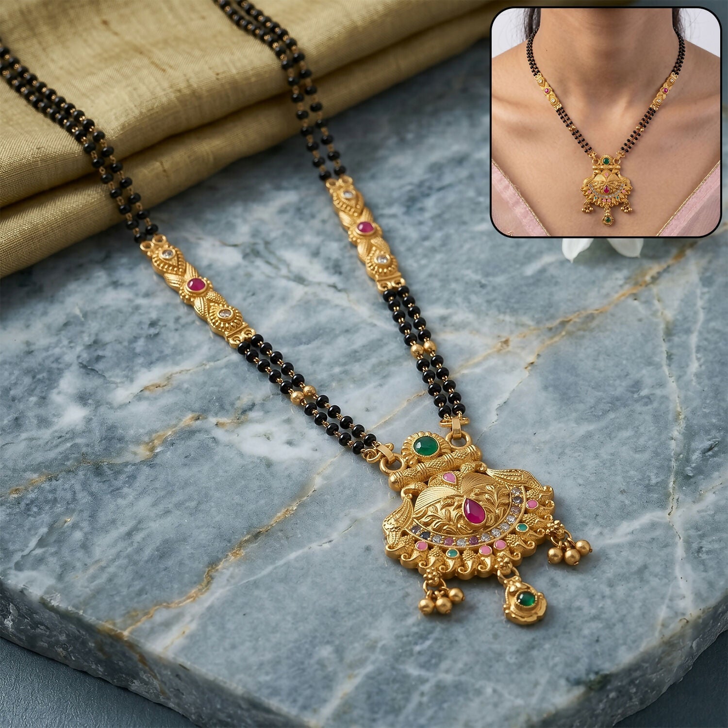 Tortoise Shell Temple Pendant with Emerald Crown & CZ Crescent Double Strand Mangalsutra