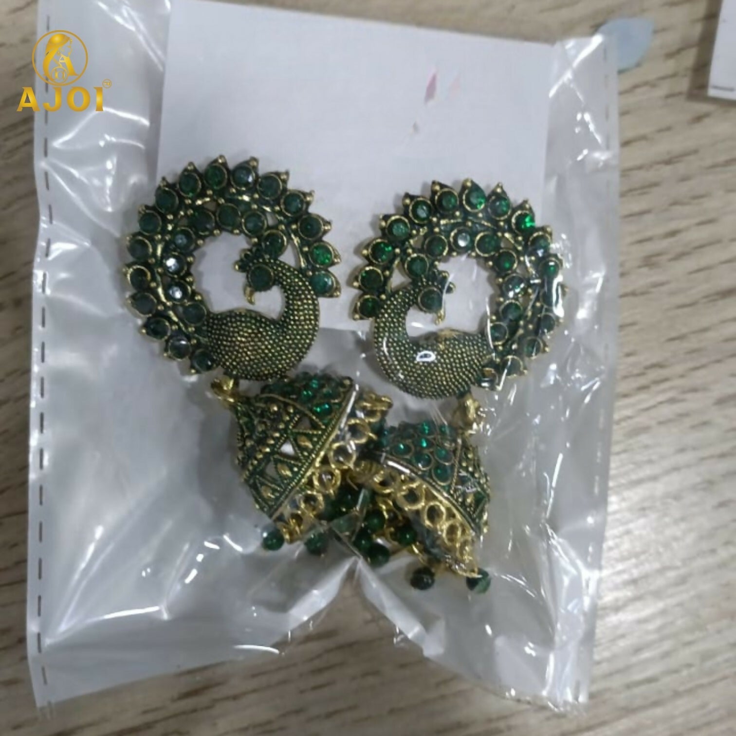 Traditional Peacock Design Green Stone Jhumka Earrings